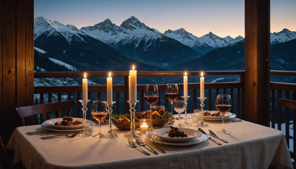 Dîner aux chandelles face à un coucher de soleil alpin